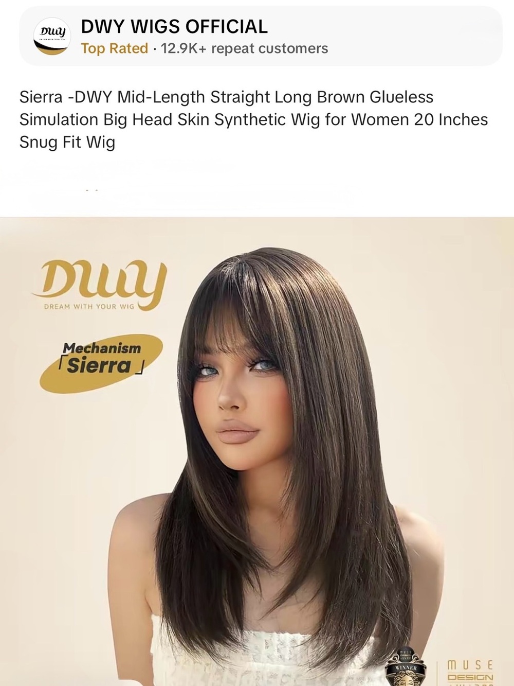 DWY Sierra Mid-Length Straight Brown Synthetic Wig with Bangs